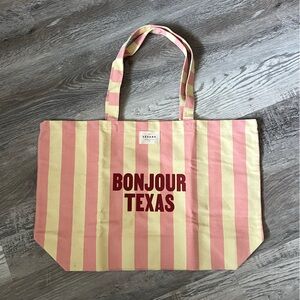 Sézane Austin “bonjour texas” canvas striped pink and yellow market tote bag